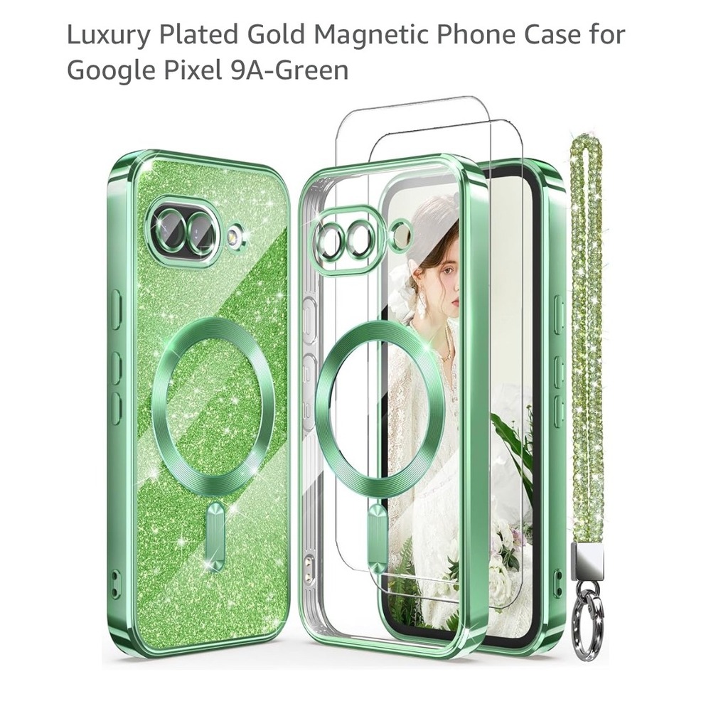 DagoRoo Google Pixel 9A Magnetic Phone Case Glitter Green Gold Plated Rhinestone
